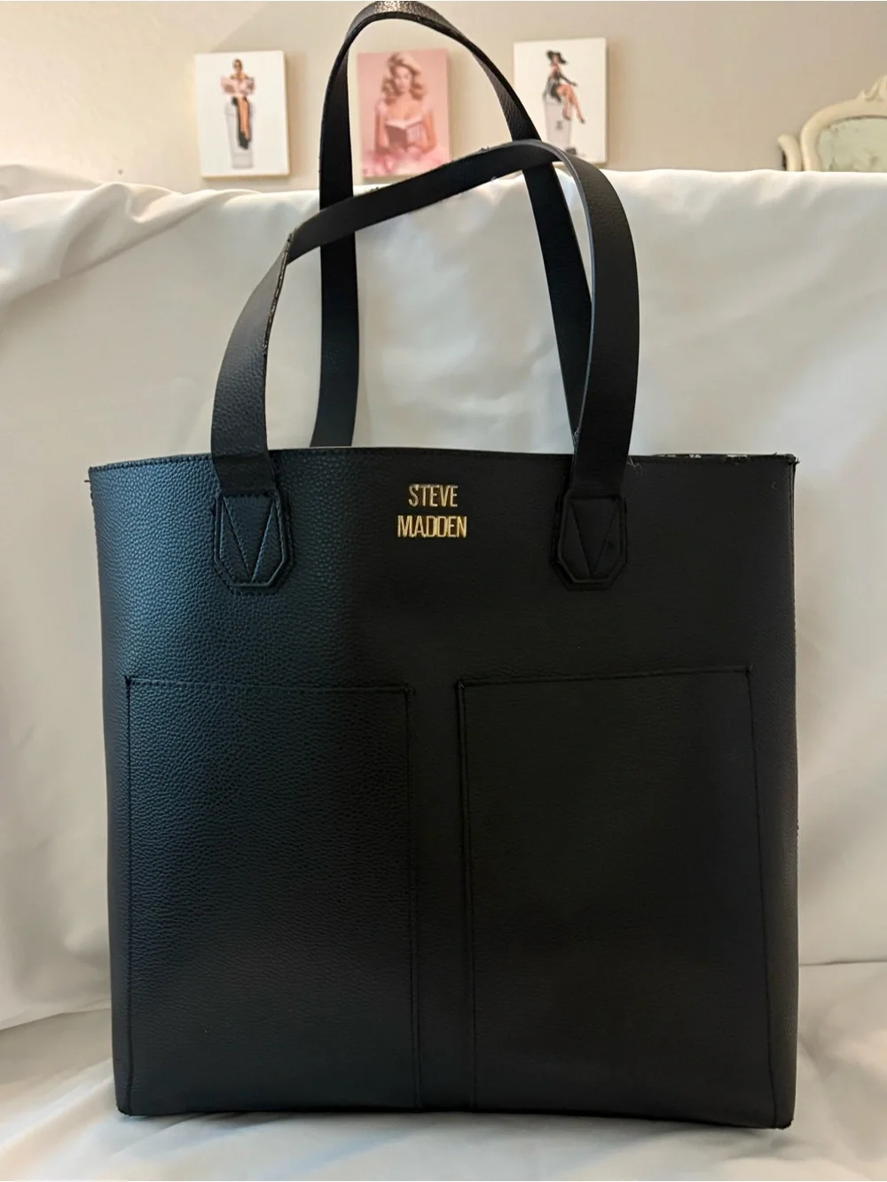 steve madden black large leather tote bag 2 pockets on front